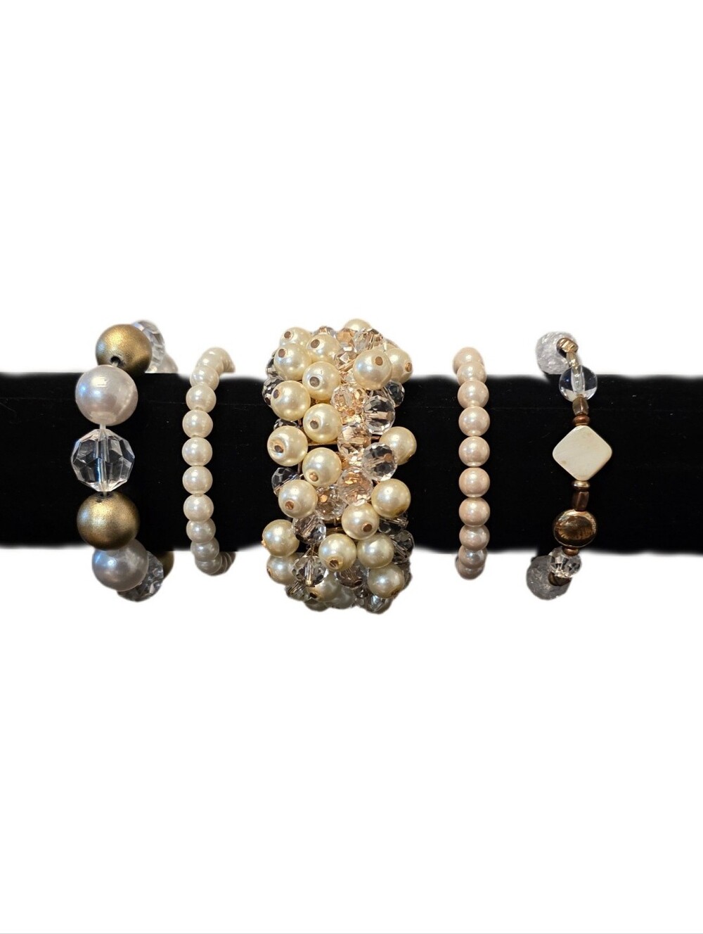 Pearl Cluster Stretch Bracelet Set - Cream and Gold Tone - Set of 5